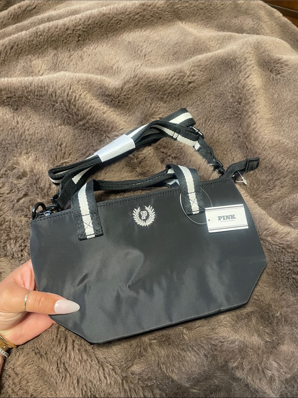 PINK Victoria's Secret Black Nylon Crossbody Tote with Contrast Strap